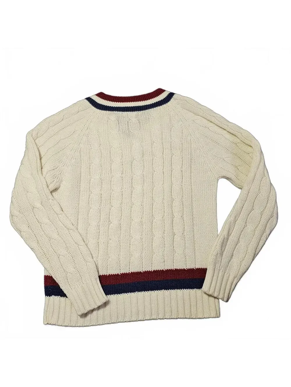 Vintage Pogue's Menstore Small 1970s Cable Knit Sweater Red White Blue Preppy